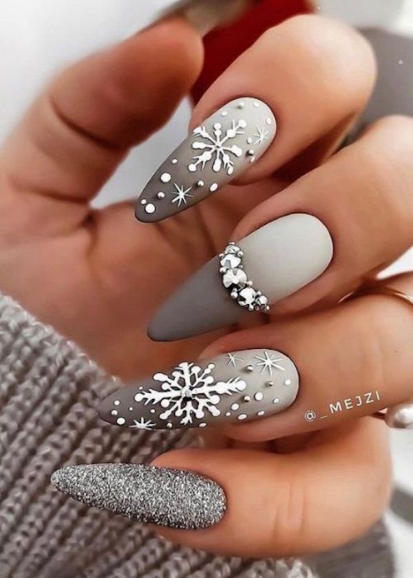 Matte Grey Gradient Snowflakes and Glitter Matte Grey Gradient Snowflakes and Glitter — Everyday Winter Nails