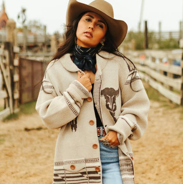 Longline Western Knit Cardigan over Denim and a Black Bandana Longline Western Knit Cardigan over Denim and a Black Bandana — Western Winter Outfits