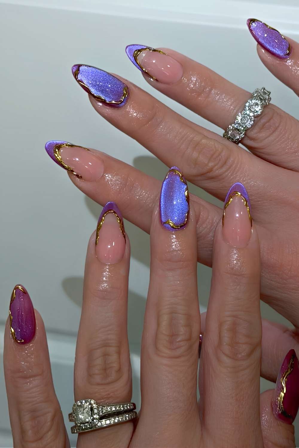 Purple & Gold Foil French Almonds — Winter Purple Nails