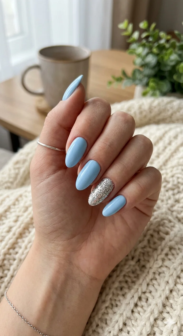 Glitter Accent Nail Visual Idea Glitter Accent Nail Visual Idea — Short Winter Almond Nails