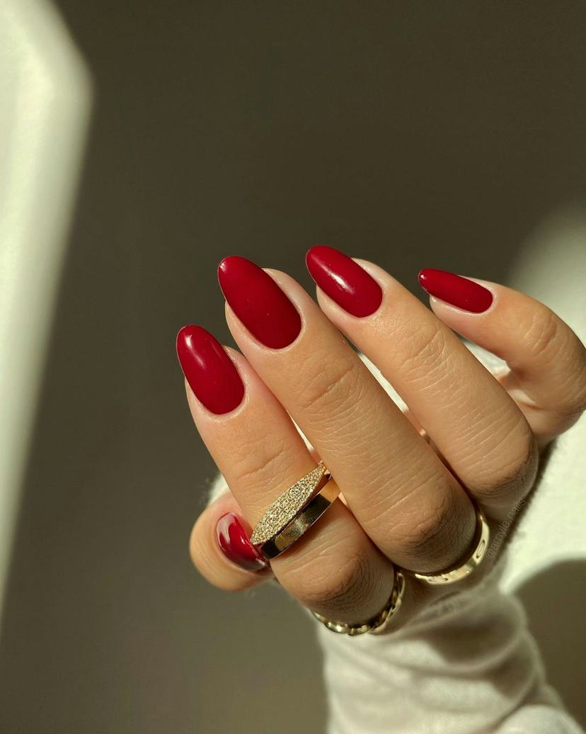Subtle Shimmer Deep Red Oval Nails — Winter Acrylic Nail Colors