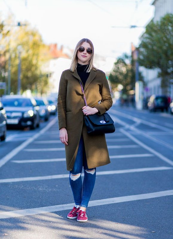 Olive Green Coat with Red Sneakers for a Casual Pop of Color Olive Green Coat with Red Sneakers for a Casual Pop of Color — December Outfits