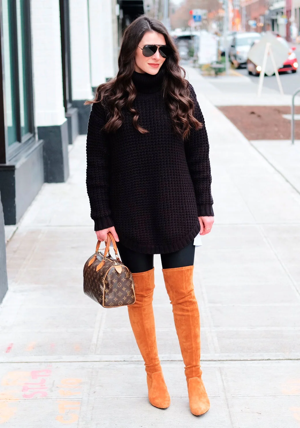 Tan Suede Over-the-Knee Boots with Black Knit Sweater and Leggings Tan Suede Over-the-Knee Boots with Black Knit Sweater and Leggings — Over the Knee Boots Outfits