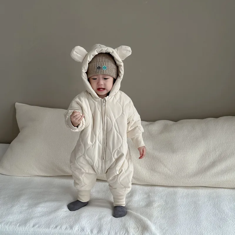Cream Quilted Jumpsuit with Smiley Face Beanie — Winter Outfits for Kids