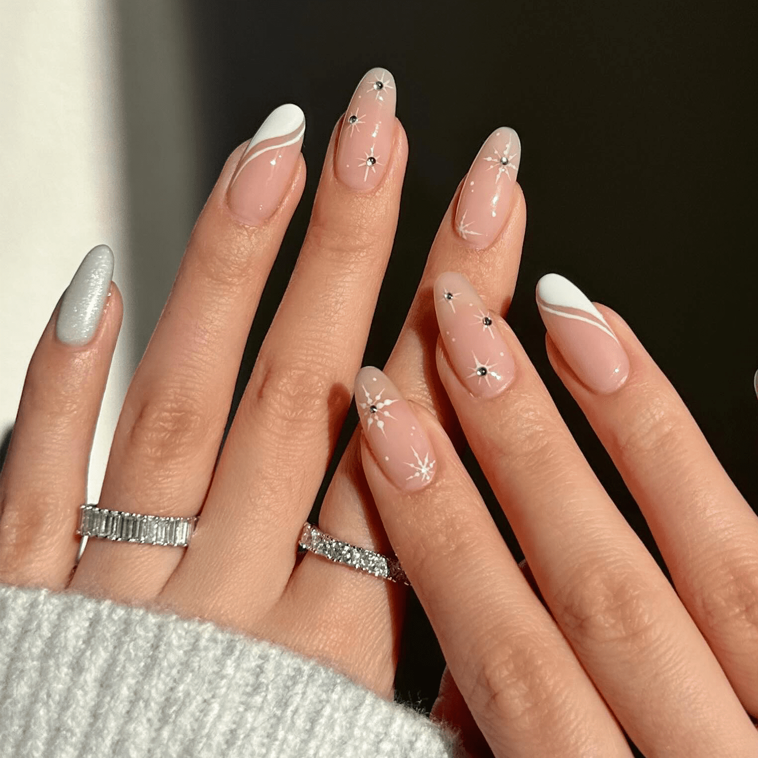Sheer Pink with Silver Glitter French — Winter Wonderland Nails