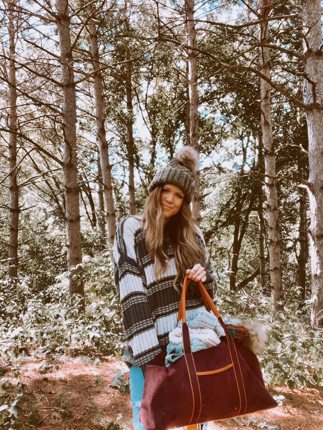 Grey Pom-Pom Beanie with Oversized Striped Sweater — Beanie Outfits
