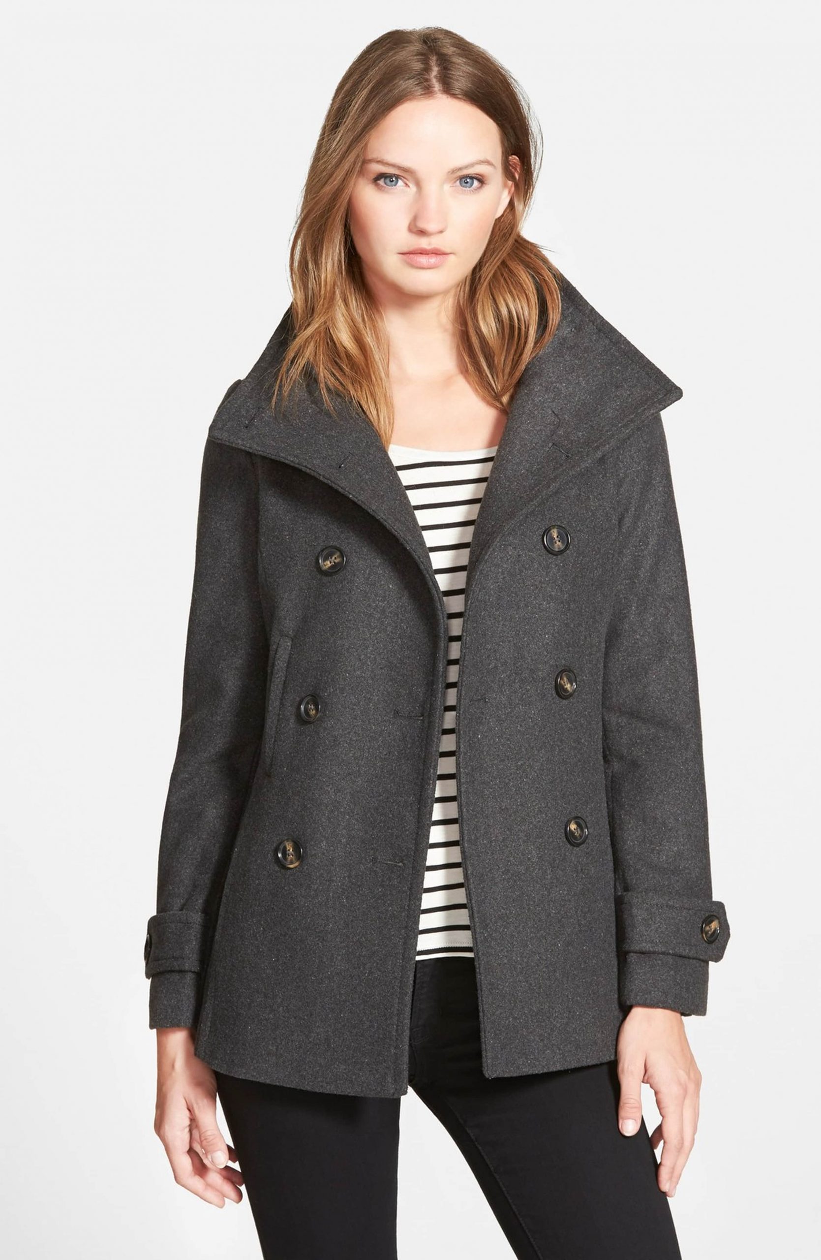 Light Grey Peacoat with High Collar and Striped Top Light Grey Peacoat with High Collar and Striped Top — Peacoat Outfits