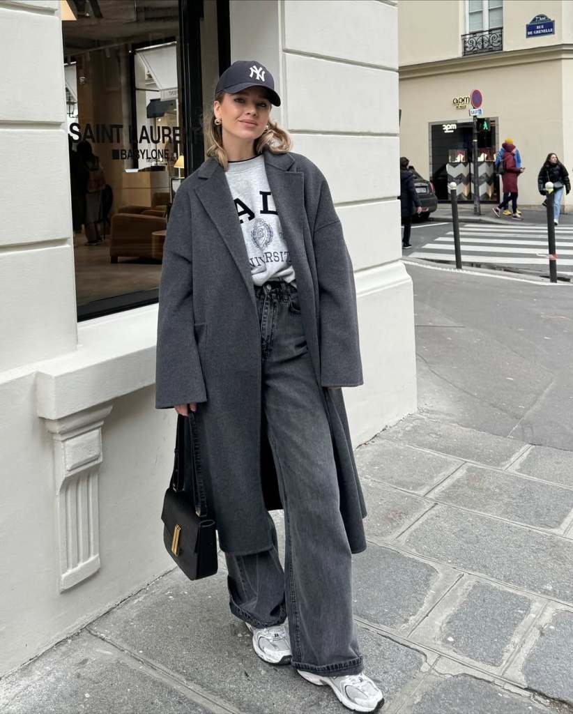 Monochromatic Grey Wide-Leg Jeans with an Oversized Coat — Winter Outfits with Jeans