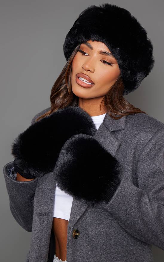 Black Faux Fur Hat and Mittens with Grey Coat — Fur Hat Outfits