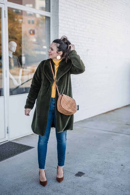 Long Green Faux Fur Coat Over a Yellow Turtleneck — Faux Fur Coat Outfits