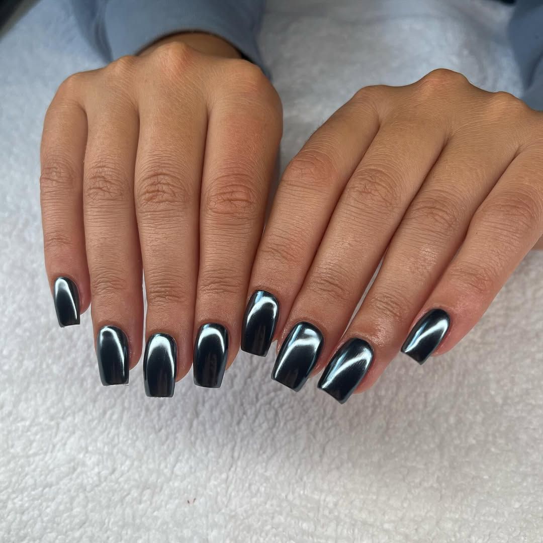 Dark Metallic Grey Chrome Square Nails — Winter Squoval Nails