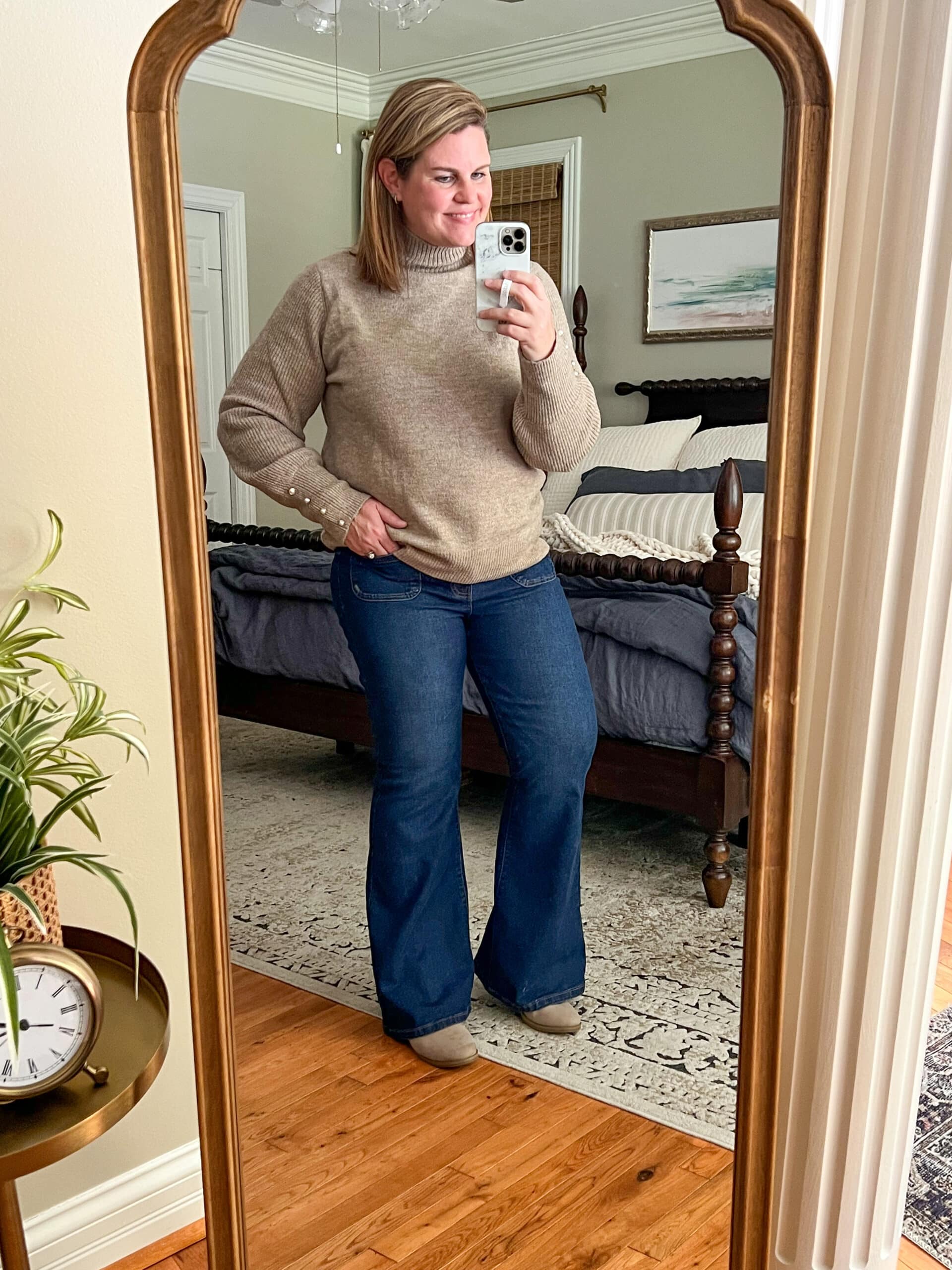 Tan Ribbed Turtleneck Sweater with Pearl Details and Flare Jeans Tan Ribbed Turtleneck Sweater with Pearl Details and Flare Jeans — Sweater Outfits
