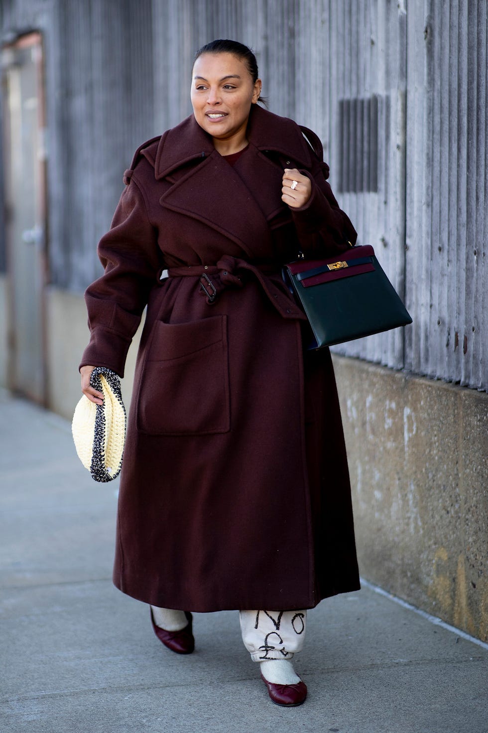 Chic Burgundy Wool Coat with Loafers and Straw Hat — Burgundy Outfits