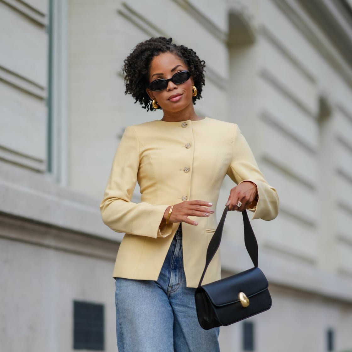 Black Blazer with Gold Buttons and Beige Knit Sweater Black Blazer with Gold Buttons and Beige Knit Sweater — Minimalist Winter Outfits