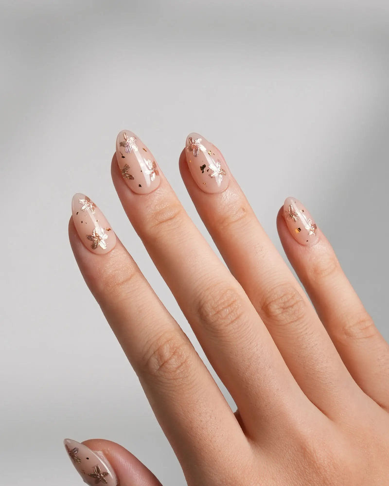 Medium Almond Sheer Nude with Gold Foil — Easy Nail Designs
