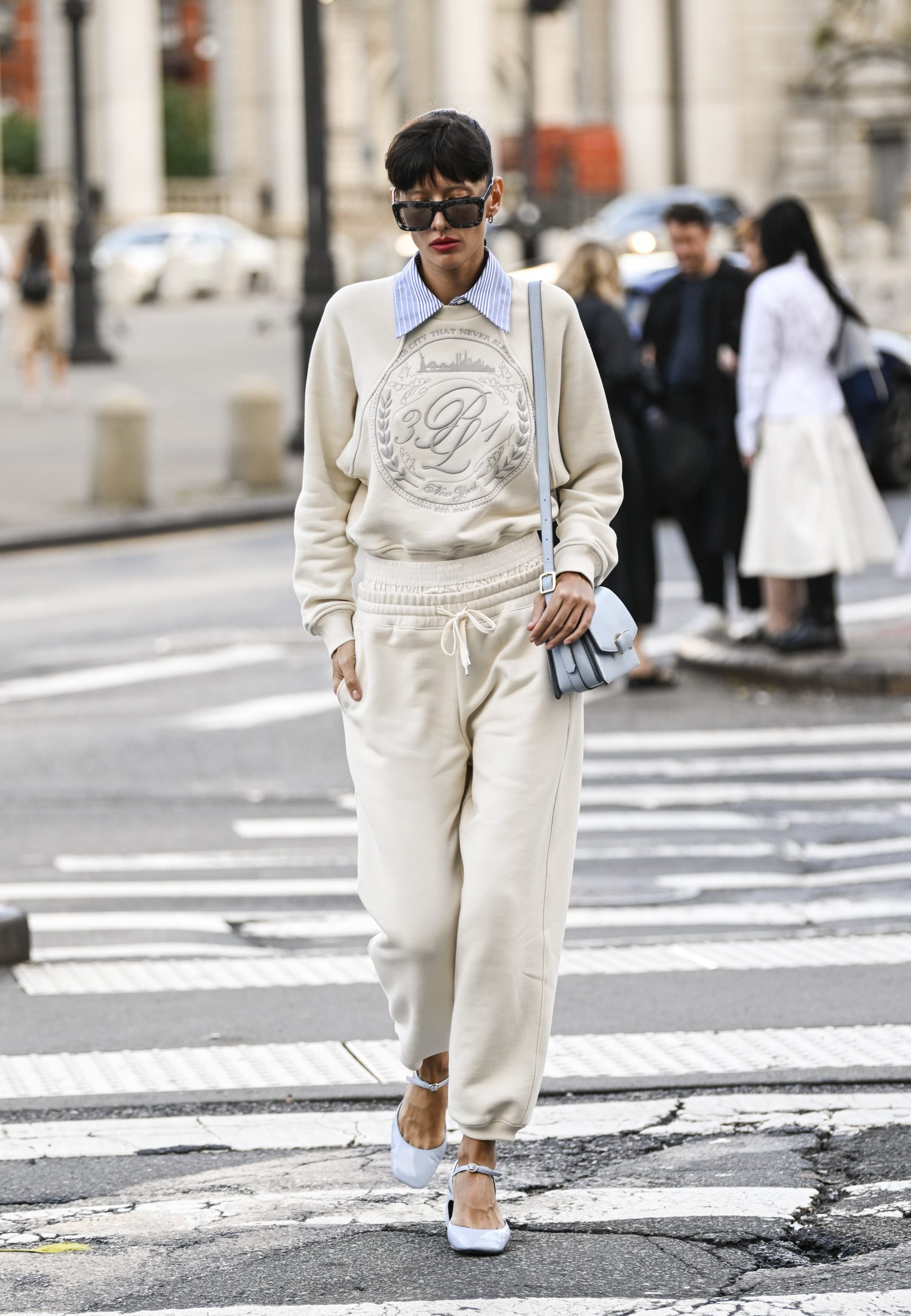 Preppy Loungewear: Striped Shirt Under Cream Sweat Set with Heeled Sandals — Sweatpants Outfits