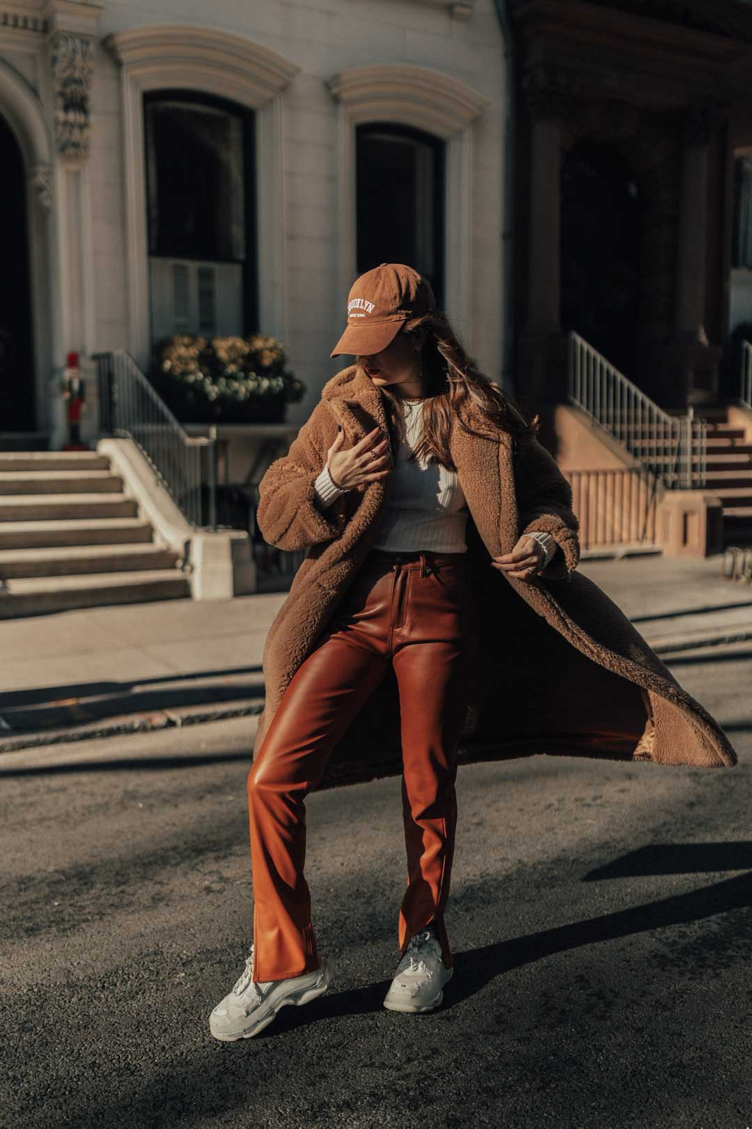 Warm Teddy Coat Over Leather Pants and Knit Sweater — Cold Weather Outfits