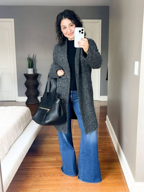 Textured Grey Coat Over Denim: Cozy Fall Transition — Fall to Winter Outfits