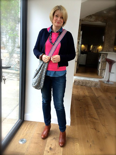 Pink Knit Sweater with Denim and Navy Cardigan — Early Winter Outfits