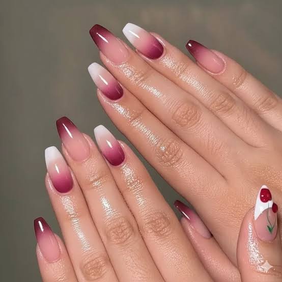 Deep Red Sheer Pink Ombre with Cherry Art Deep Red Sheer Pink Ombre with Cherry Art — Ombre Nail Designs