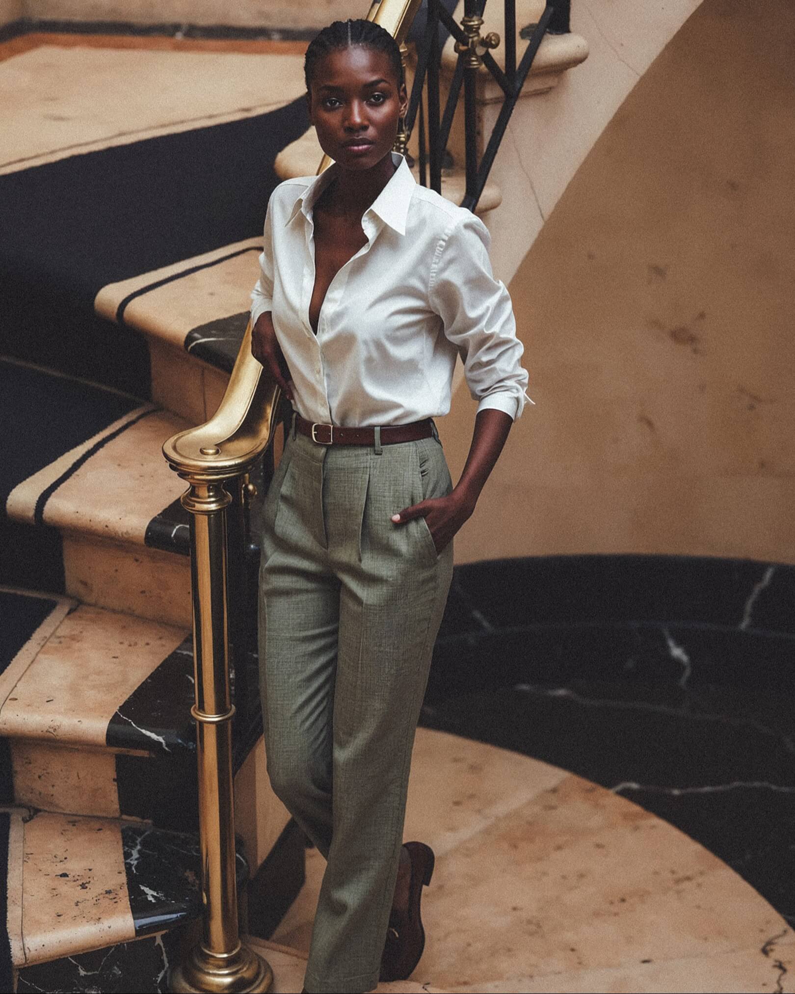 Classic White Silk Shirt with Grey Wool Trousers and Loafers Classic White Silk Shirt with Grey Wool Trousers and Loafers — Old Money Winter Outfits