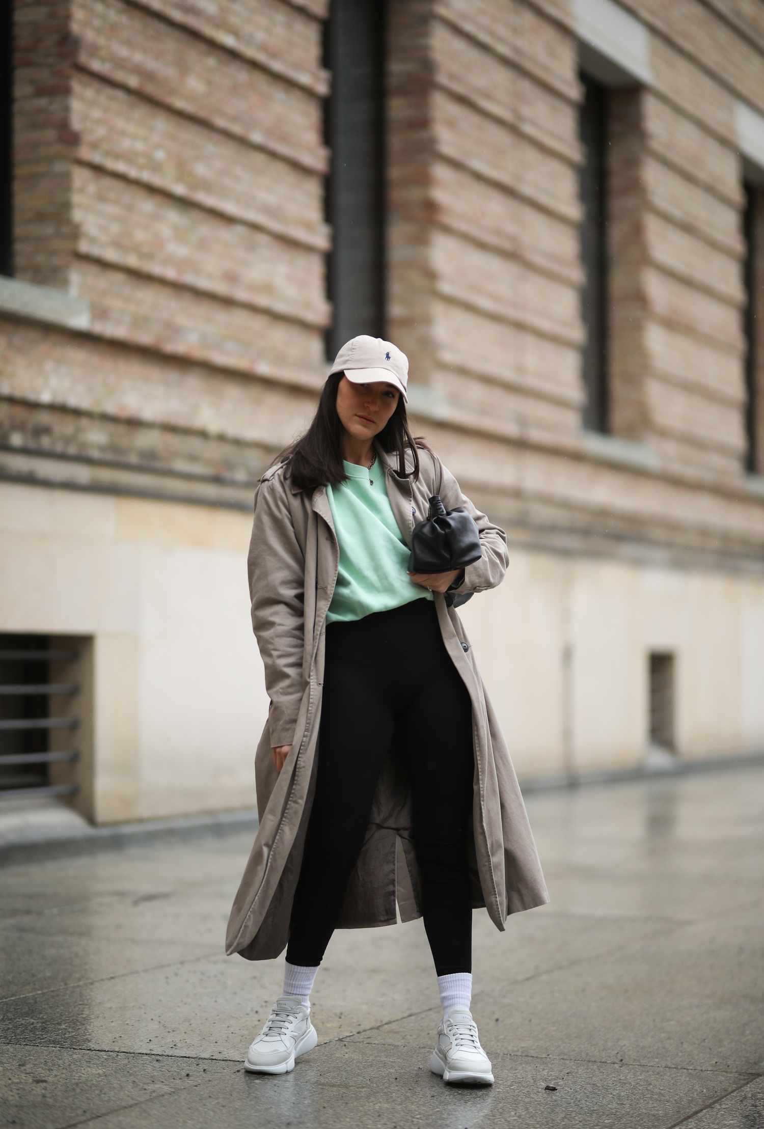 Mint Green Sweatshirt and Beige Trench: A Casual City Combo — Winter Outfits with Leggings