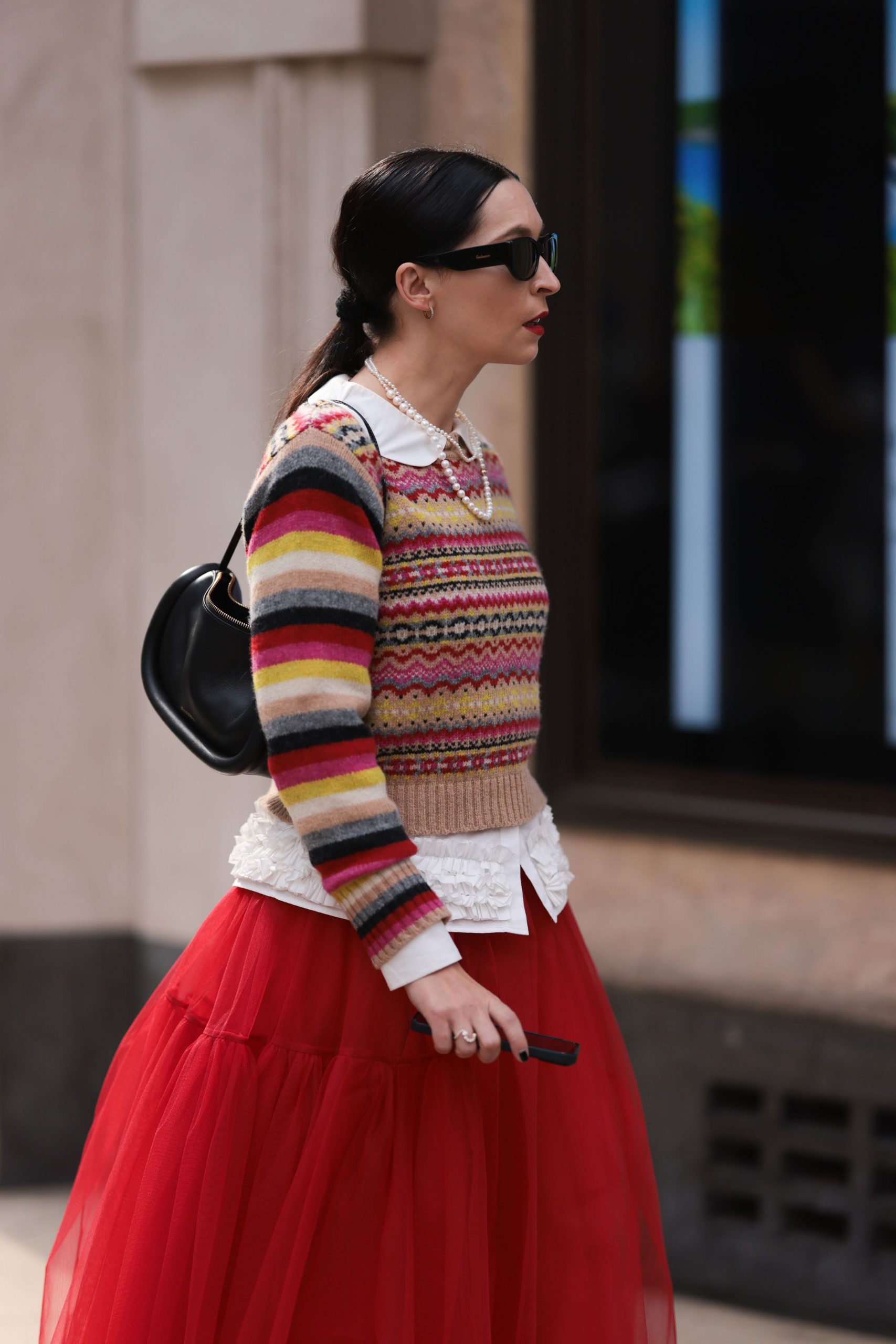 Playful Knit Sweater Over Collared Shirt and Tulle Skirt — Winter Layering Outfits