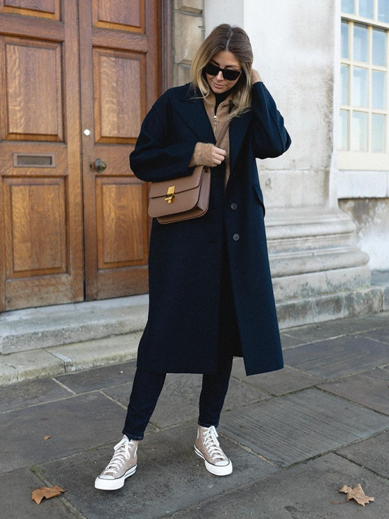 Navy Wool Coat with Tan and Beige Casualwear — Wool Coat Outfits