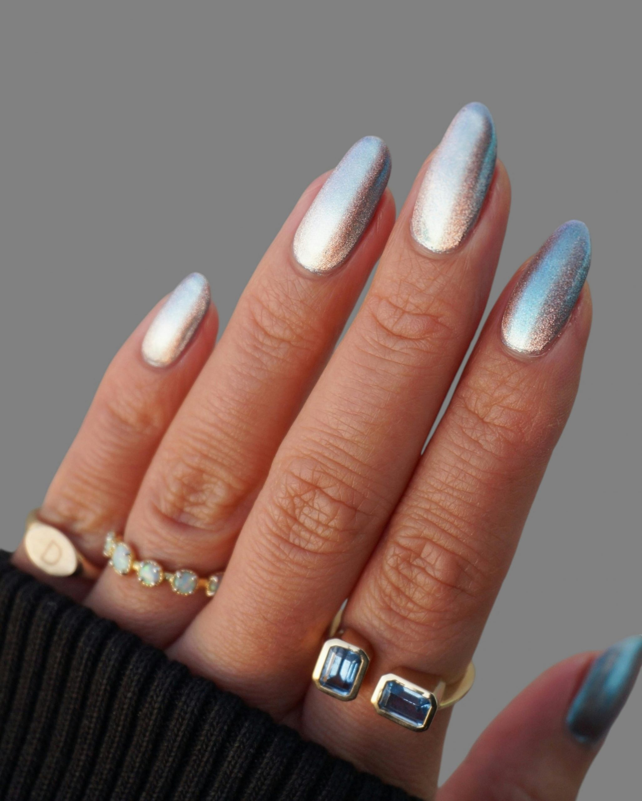 Iridescent Chrome Medium Almond — Winter Chrome Nails