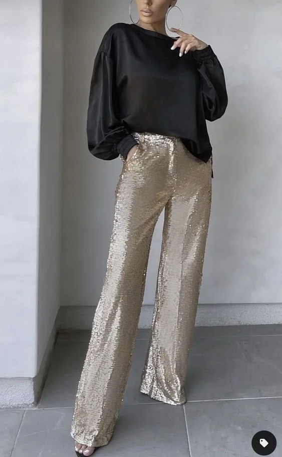 Satin Blouse Meets Statement Sequin Trousers for a Festive Night Out — Winter Party Outfits