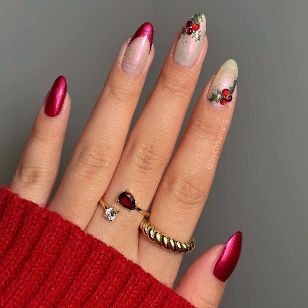Christmas Holly Berry Almond Nails Christmas Holly Berry Almond Nails — Winter Nail Colors for Women Over 40