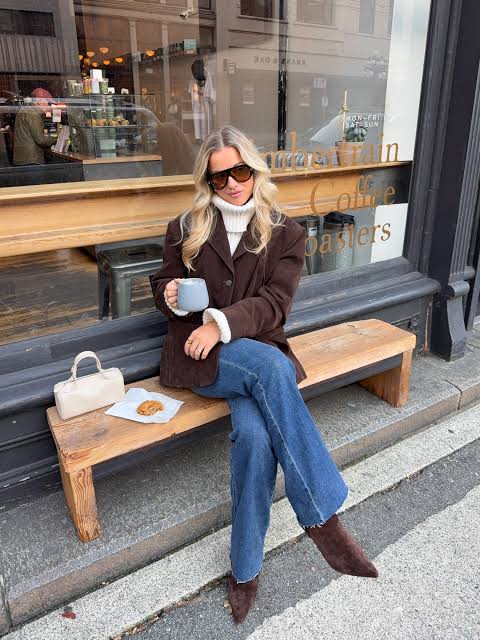 Brown Suede Blazer with Flared Jeans Brown Suede Blazer with Flared Jeans — Winter Going Out Outfits