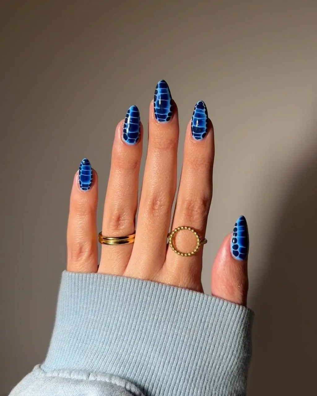 Deep Blue Black Snake Print Stilettos — Blue Nail Inspo
