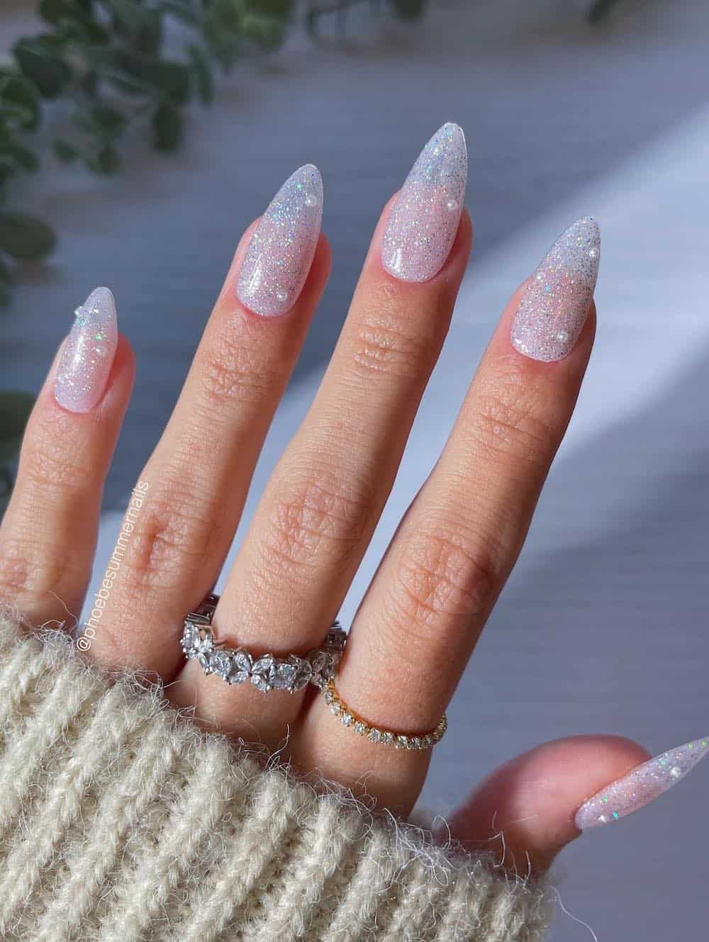 Sheer White Glitter Gradient Stiletto Nails — Winter Glitter Nails