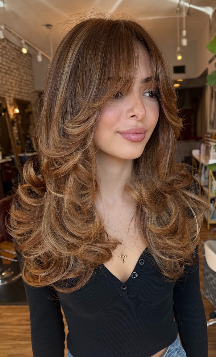 Mid-Back Chestnut Bronde With Feathered Layers Mid-Back Chestnut Bronde With Feathered Layers — Winter Haircuts with Curtain Bangs