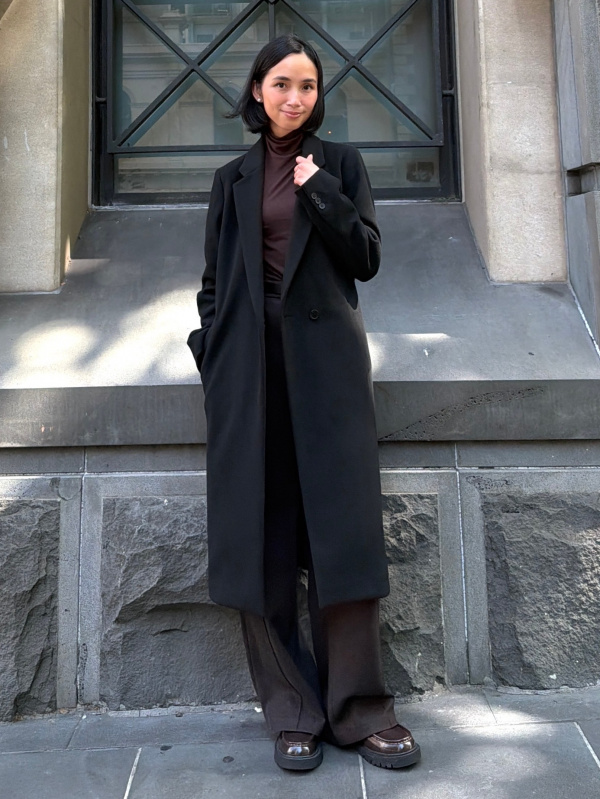 Black Long Coat with Brown Turtleneck and Trousers — Long Coat Outfits