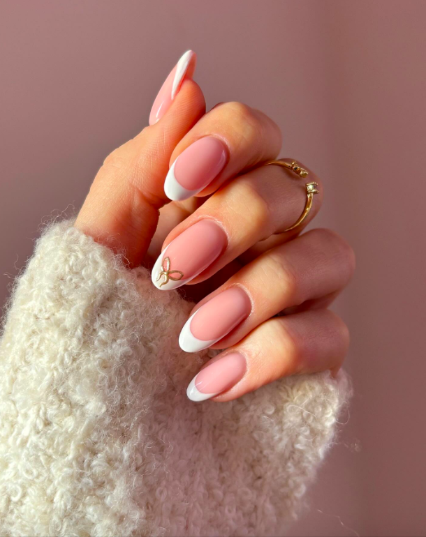 Medium Almond Pink French with Gold Bow Medium Almond Pink French with Gold Bow — Winter Pink Nails