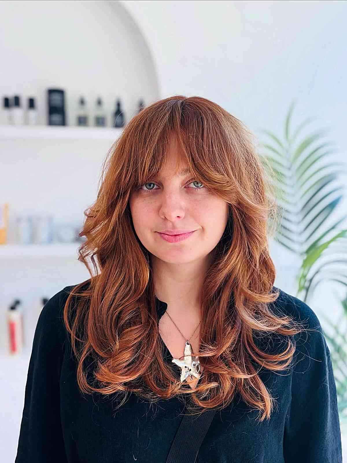 Mid-Back Layered Shag In Warm Copper Mid-Back Layered Shag In Warm Copper — Winter Haircuts for Wavy Hair
