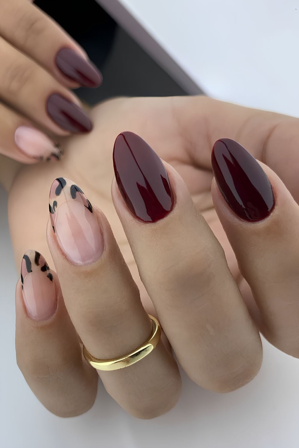 Solid Burgundy with Leopard Print Accents Solid Burgundy with Leopard Print Accents — Burgundy Nails