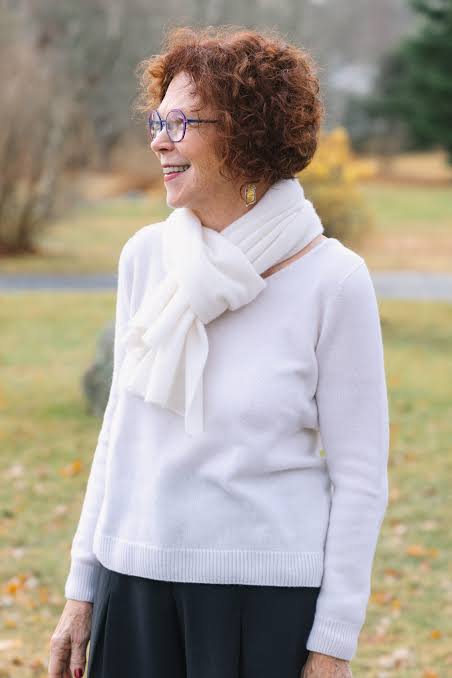 Monochromatic White Knit Set with Scarf — Winter Outfits for Women Over 60