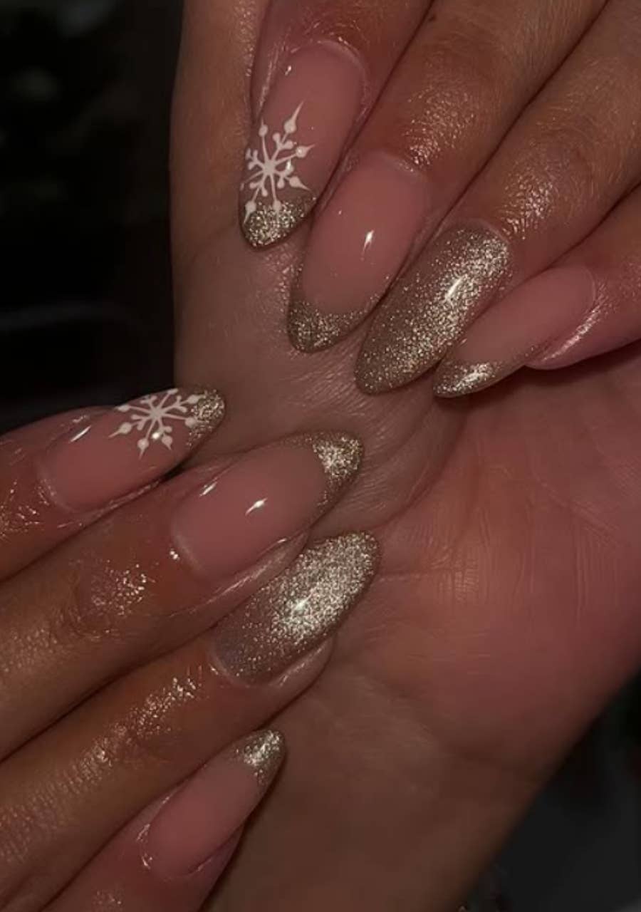 Nude Glitter French Tips with Snowflakes — Winter Ombre Nails