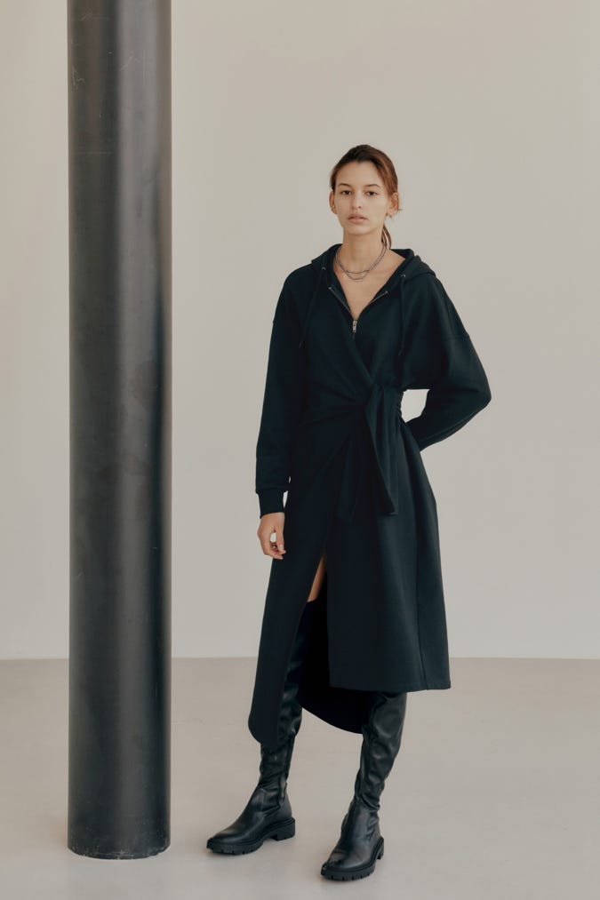 Black Hooded Zip-Up Dress with Tie Waist and Leather Boots — Korean Winter Outfits
