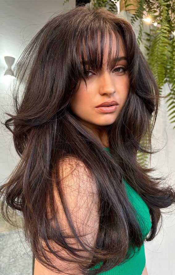 Espresso With Voluminous Layers And Wispy Bangs Espresso With Voluminous Layers And Wispy Bangs — Espresso Brown Hair