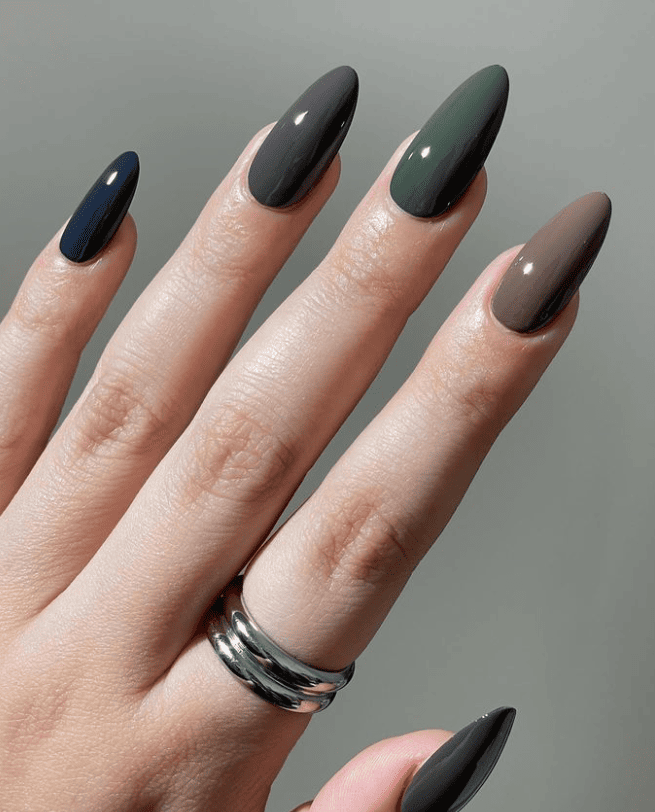 Deep Muted Winter Color Block Stilettos — Neutral Winter Nails