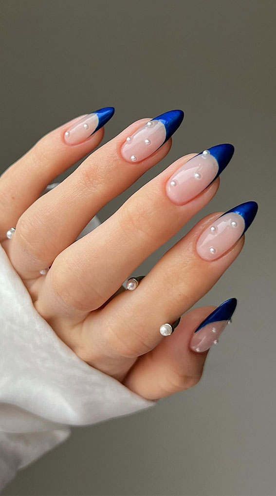 Deep Blue French Tips with Pearl Accents — Blue Nail Inspo