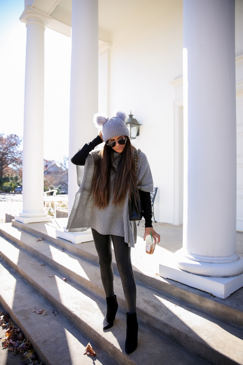 Faux Leather Leggings with a Cozy Poncho — Winter Outfits with Leggings