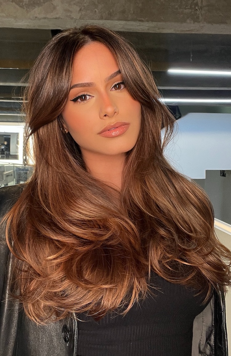 Brown Hair Ideas : Trendy Cinnamon Brown Brunette Long Layers with Curtain Bangs