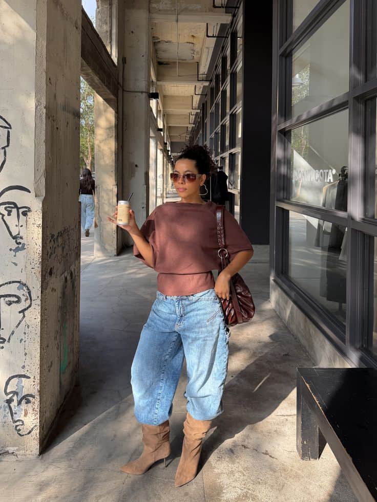 Taupe Ankle Slouchy Boots with Baggy Jeans — Slouchy Boots Outfits