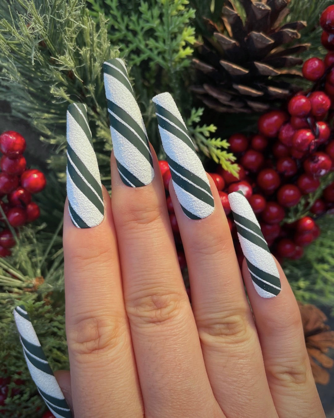 Matte Green Candy Cane Stripe Nails — Winter Acrylic Nail Colors