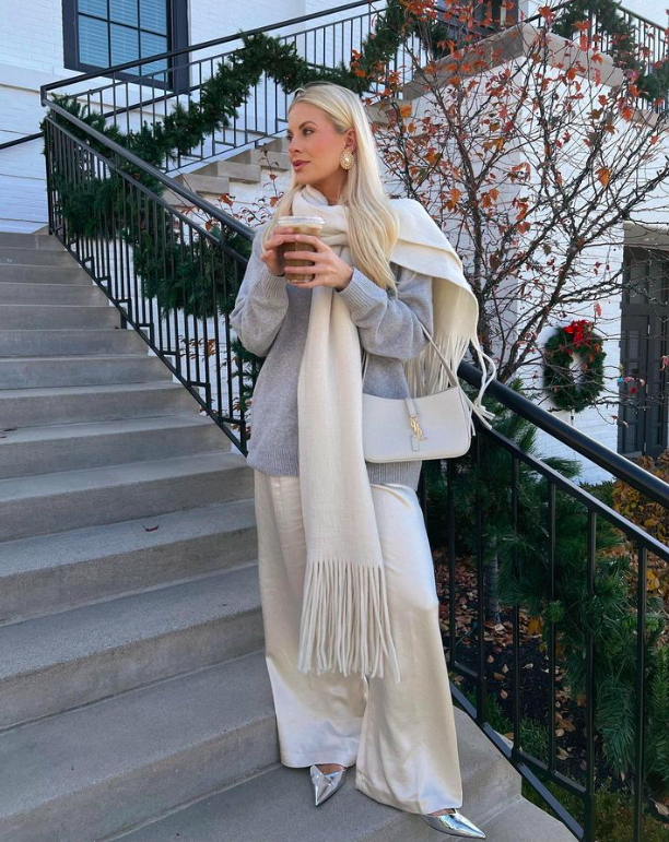 Cream Satin Wide-Leg Pants with Grey Sweater for a Festive Winter Gathering Cream Satin Wide-Leg Pants with Grey Sweater for a Festive Winter Gathering — December Outfits